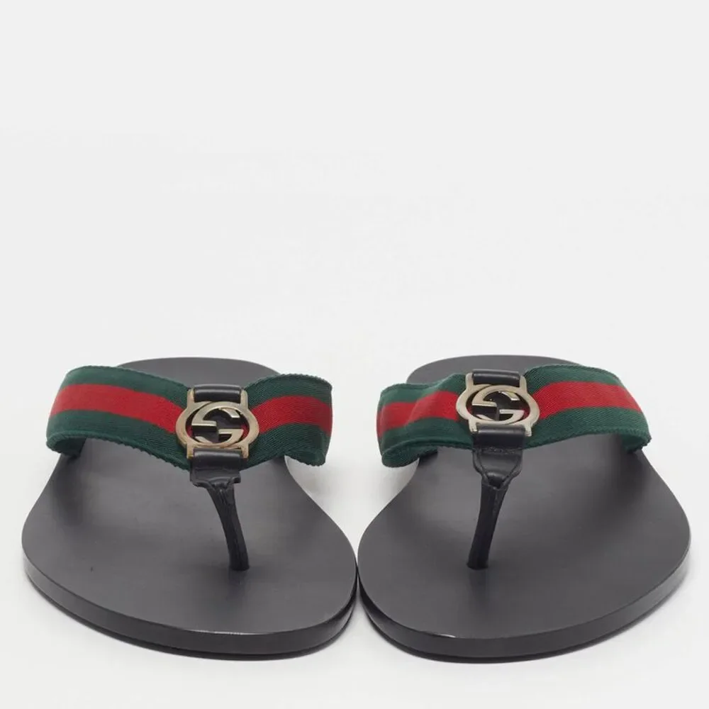 Gucci  Size 41 Black Leather Web Strap Interlocking G Thong Flats